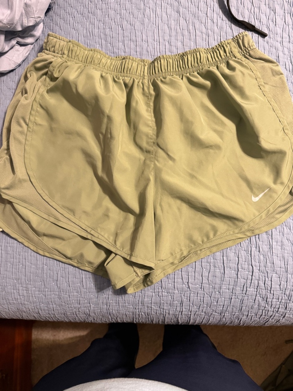 Nike Light Olive Green Running Shorts with White Swoosh